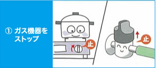 すべてのガス機器を止めてください。ただし、メーターガス栓は閉めないでください。